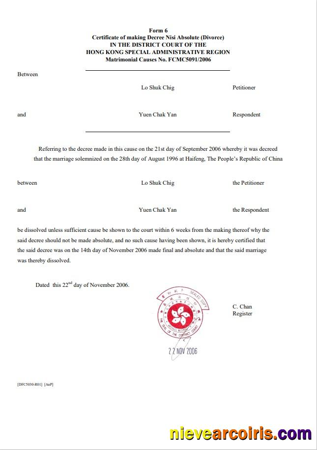 Hong Kong divorce certificate FREE